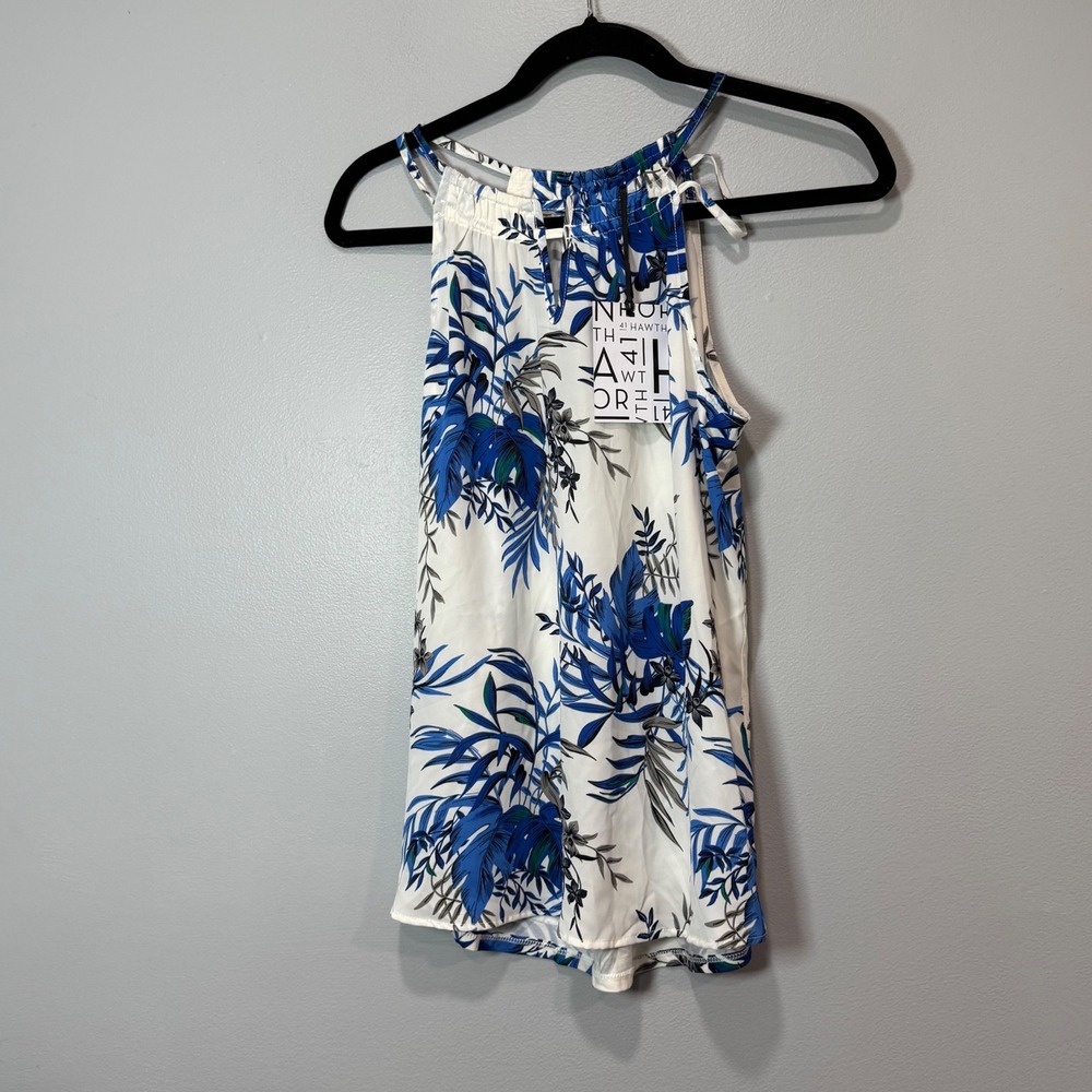 41 Hawthorn Meroni Mixed Media Top Blue Tropical Floral Halter Blouse Small NEW